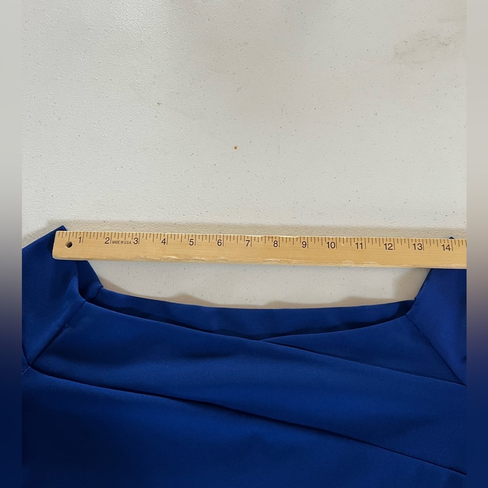 Bebe Blue Off-Shoulder Pleated Sheath Dress Size 10 - Picture 4 of 12